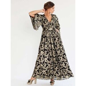 MILLE Resort & Travel Caye Dress Gold Metallic Jacquard Maxi Vacation Large